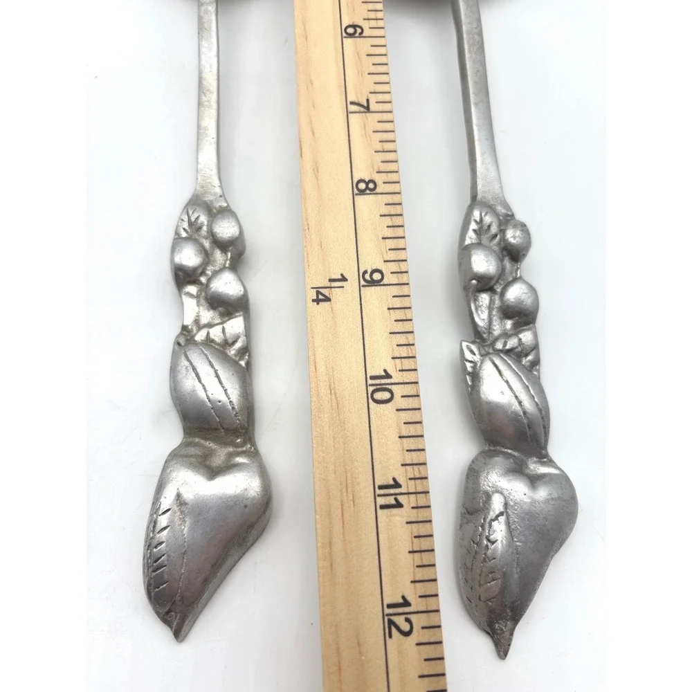 Vintage Fruit Motif Salad Serving Set Sculpted Silver Tone Metal Spoon and Fork